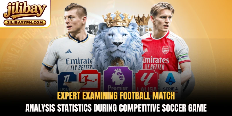 Expert examining football match analysis statistics during competitive soccer game