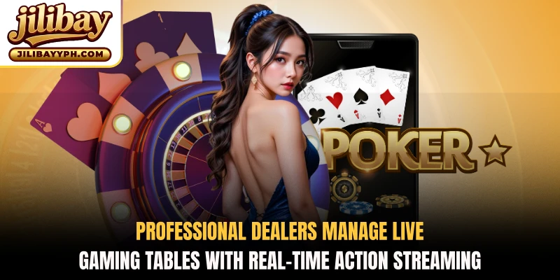 Professional dealers manage live gaming tables with real-time action streaming