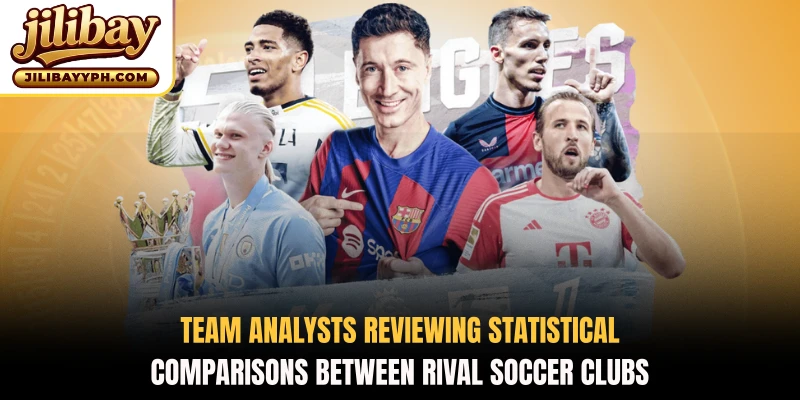 Team analysts reviewing statistical comparisons between rival soccer clubs