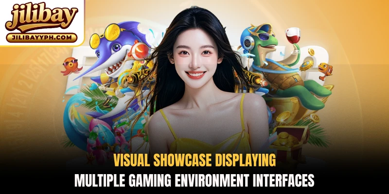 Visual showcase displaying multiple gaming environment interfaces